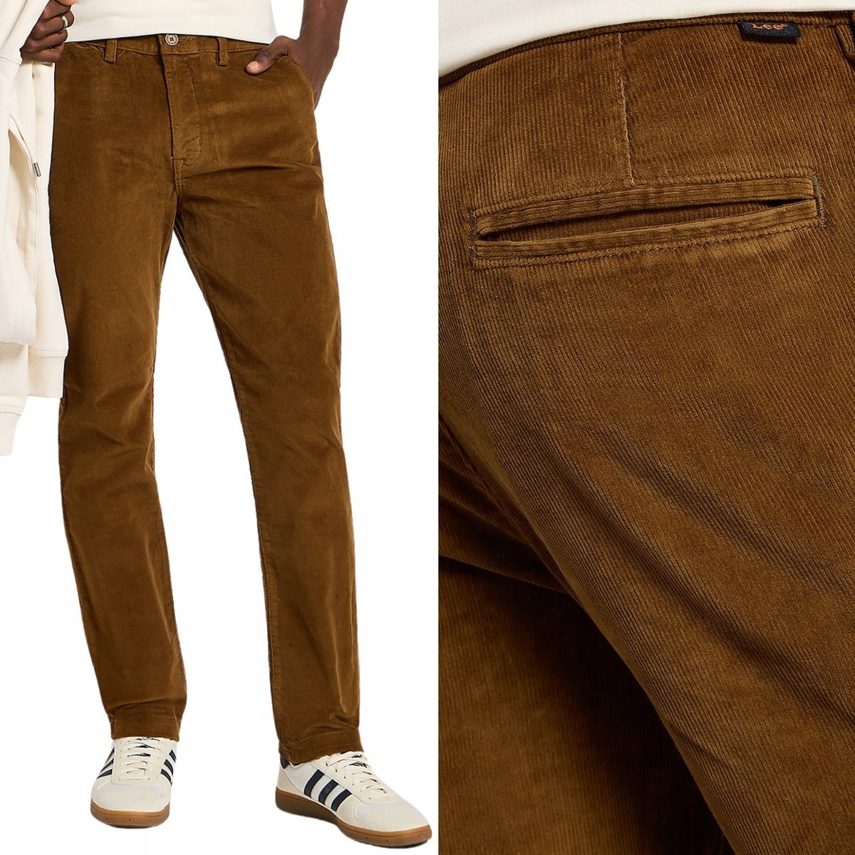 Lee SLIM CHINO Brown brązowe spodnie sztruksy zwężane chinosy W38 L34