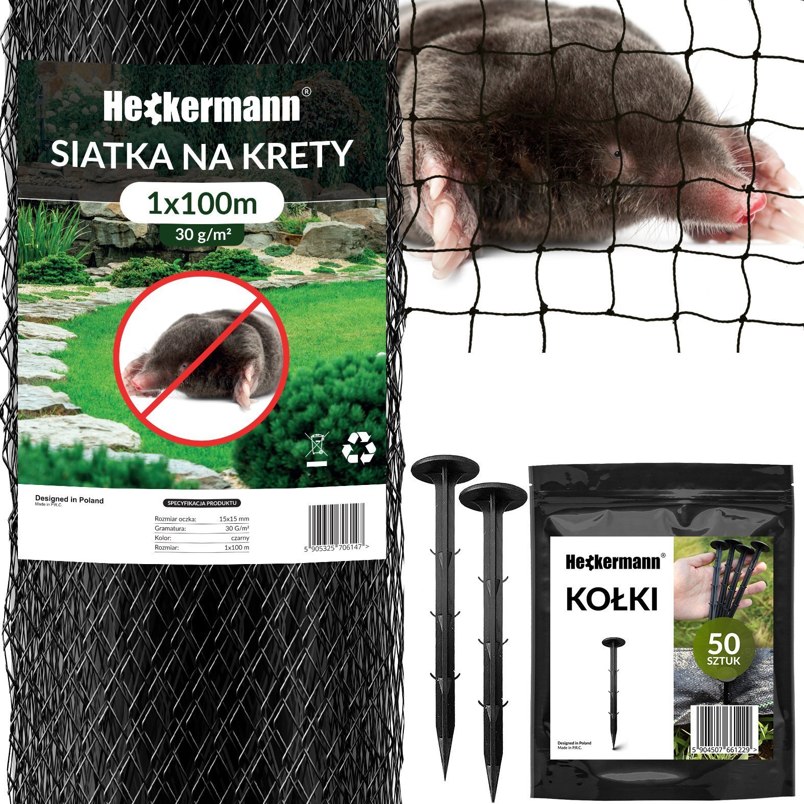 Heckermann Zestaw Siatka na krety Heckermann 1x100m 30g/m2 + Kołki Czarne 50 szt