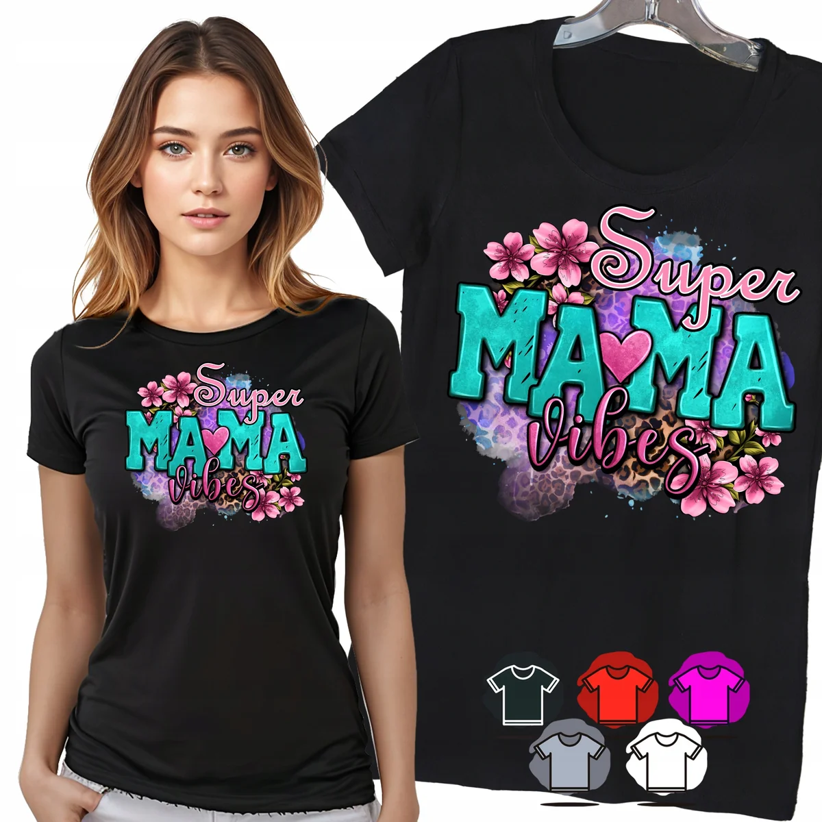 KOSZULKA DAMSKA T-SHIRT - SUPER MAMA VIBES KWIATY KOLOROWE DAMSKI WZÓR - L