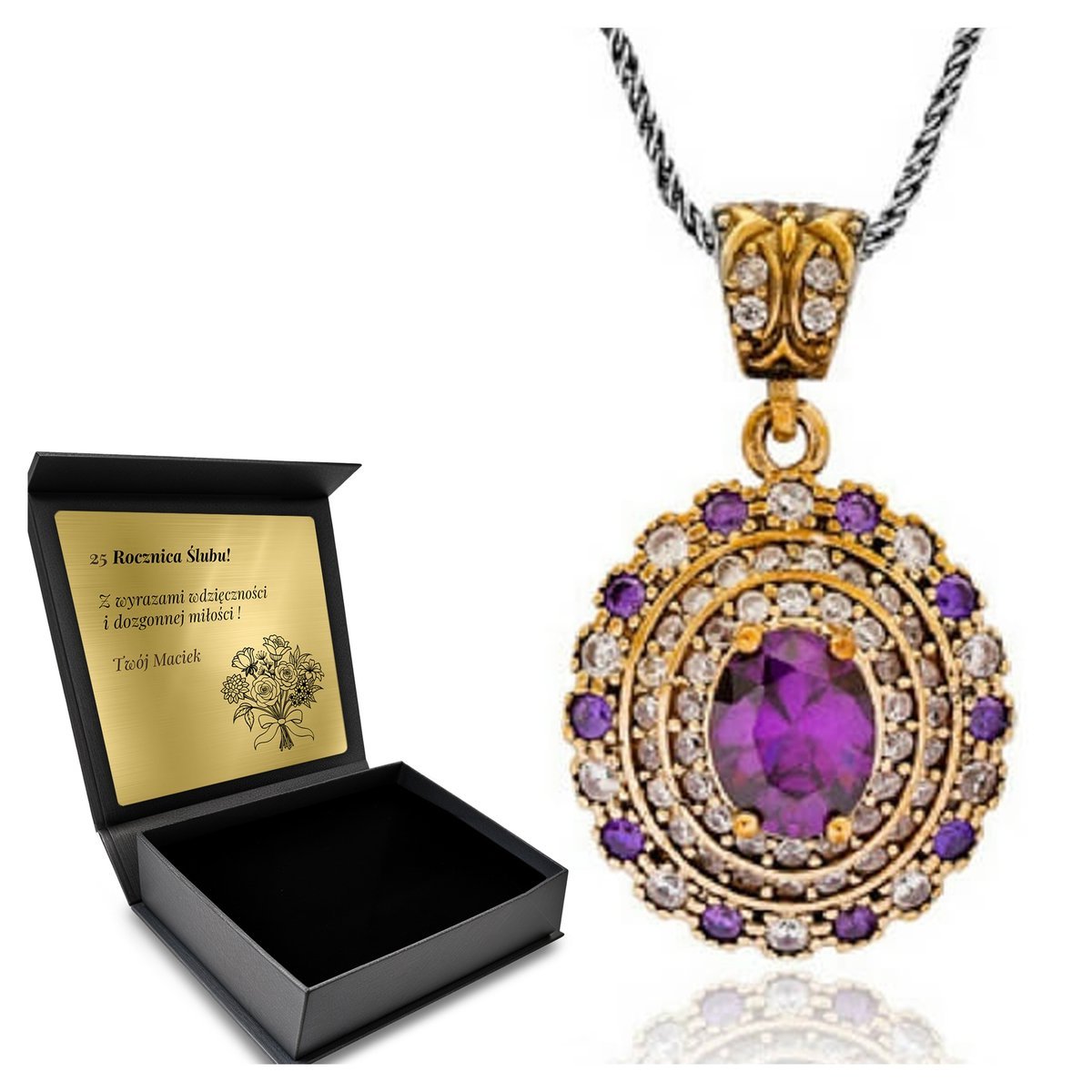 Naszyjnik Srebrny 925 Cyrkonie Ametyst Biżuteria Dla Kobiety + Grawer