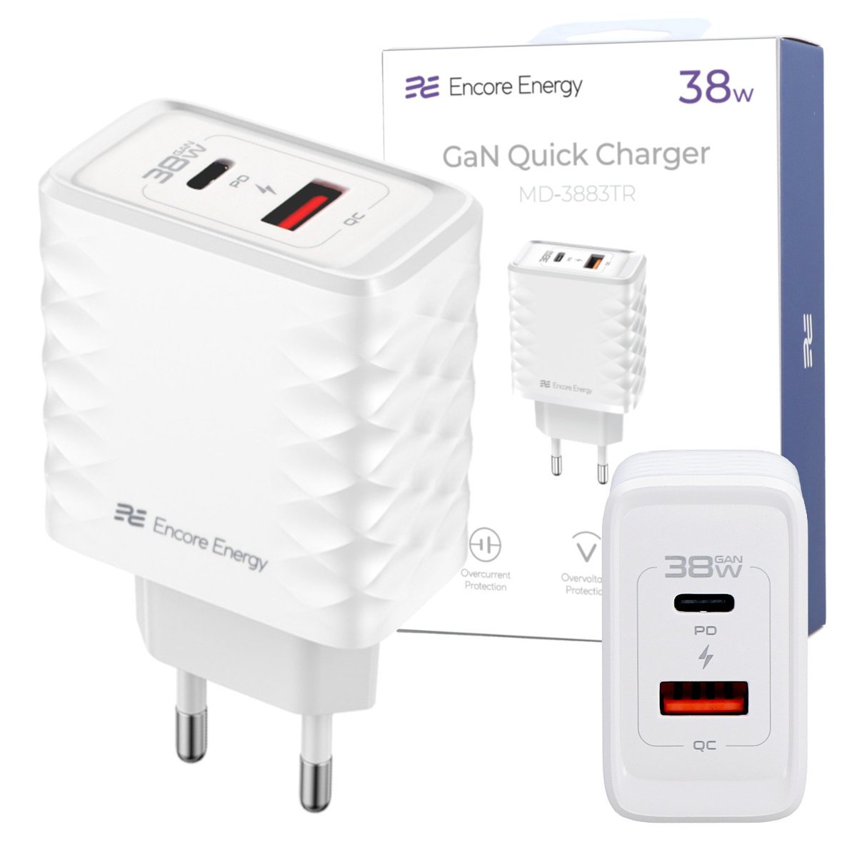 Nowa ładowarka sieciowa GaN 38W USB-A USB-C QC PD Encore Energy MD-3883TR