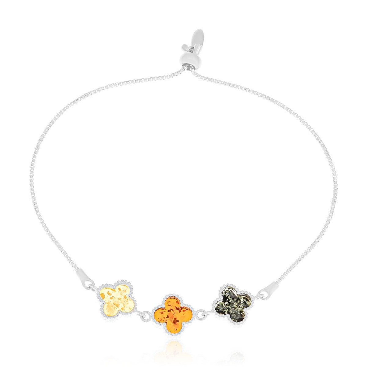 Srebrna bransoletka z bursztynem koniczynka, ściągana pr. 925