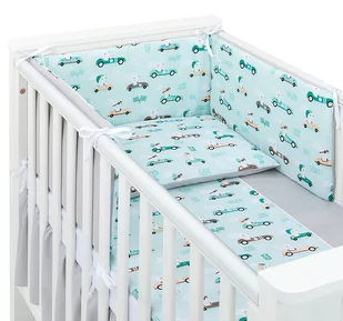 MAMO-TATO 3-el dwustronna pościel dla niemowląt BEST do łóżeczka 70x140 Wyścigówki miętowe / szary - Pościel dla dzieci - miniaturka - grafika 1