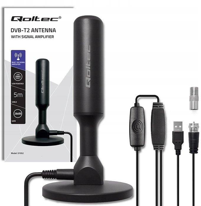 Qoltec Wewnętrzna Antena TV DVB-T2 ze wzmacniaczem sygnału i magnetyczną podstawą 4K 28dBi 5m