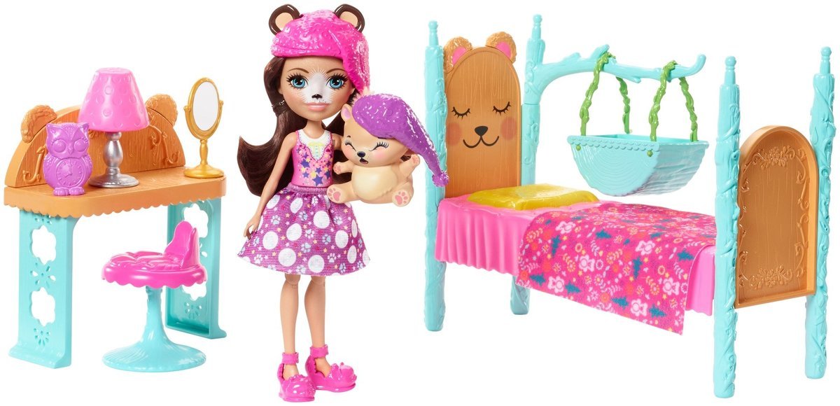 Enchantimals Zestaw Pokój Niedźwiedzia, Minilalka Bren Bear i figurka zwierząt Snore z łóżkiem i akcesoriami, zabawka dla dzieci, FRH46