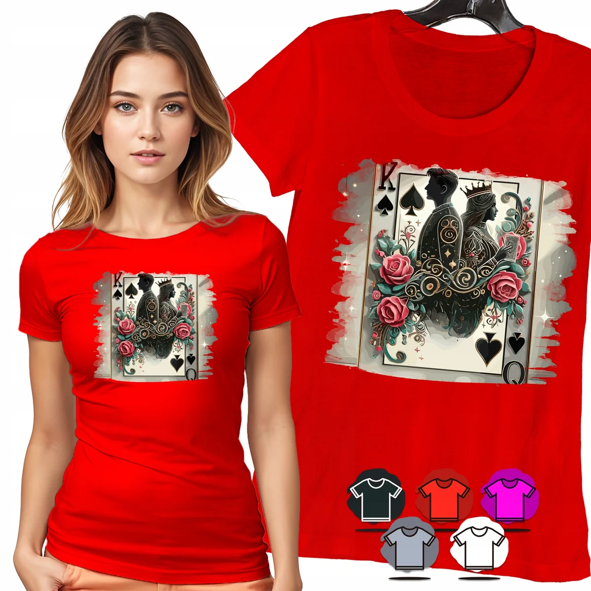 KOSZULKA DAMSKA T-SHIRT - KARTY POKER DAMA KRÓL KWIATY CZARNY WZÓR - XL