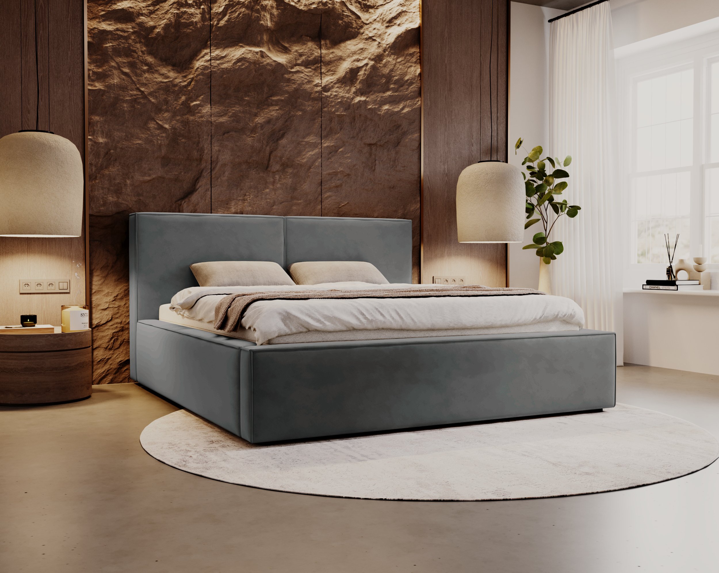 Besilio Möbel Łóżko tapicerowane podwójne 180x200 Santos - Łóżko tapicerowane z podstawą łóżka i metalową ramą - Aksamitna tkanina - Szary