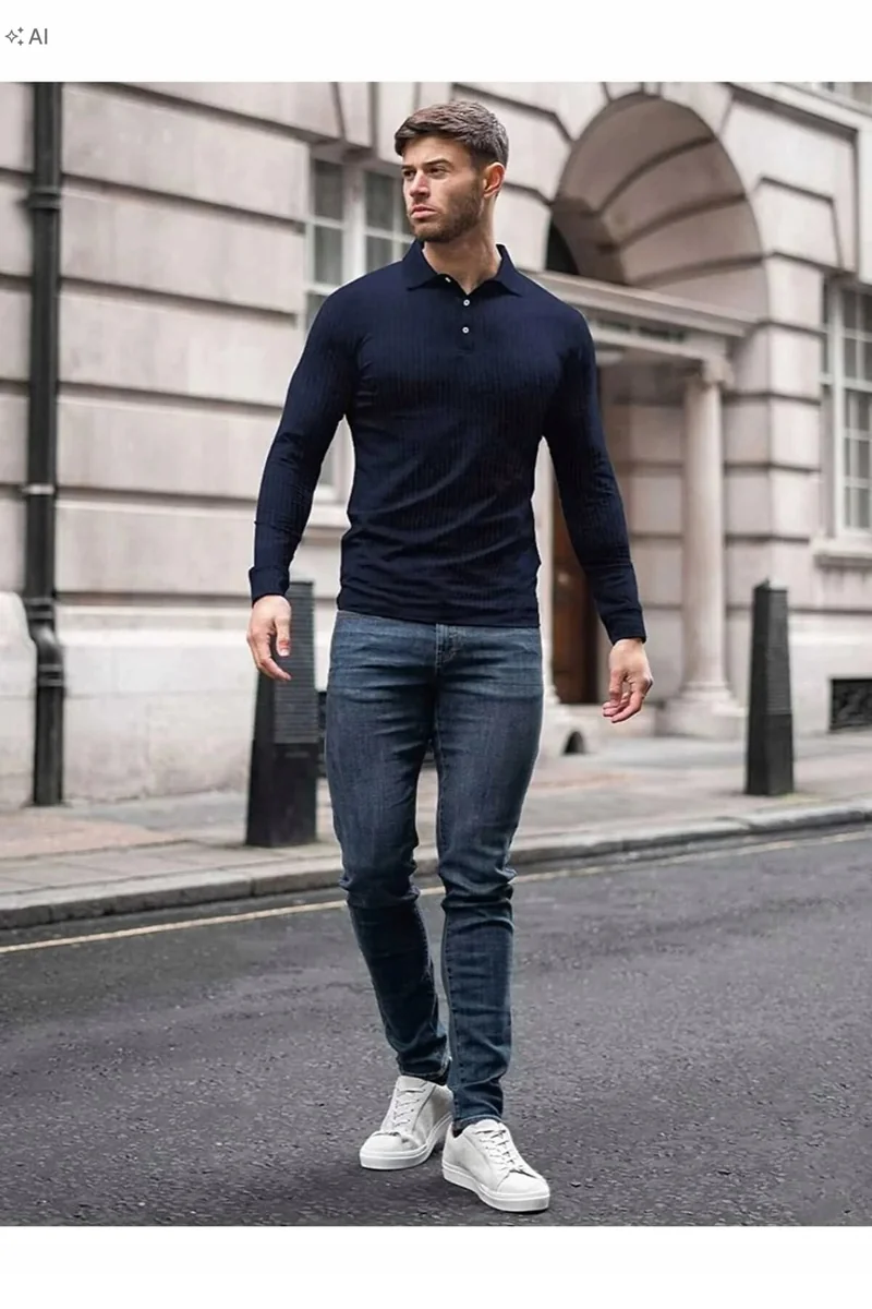MĘSKI SWETER PRĄŻKOWANY Z KOŁNIERZYKIEM ELEGANCKI M 5IA