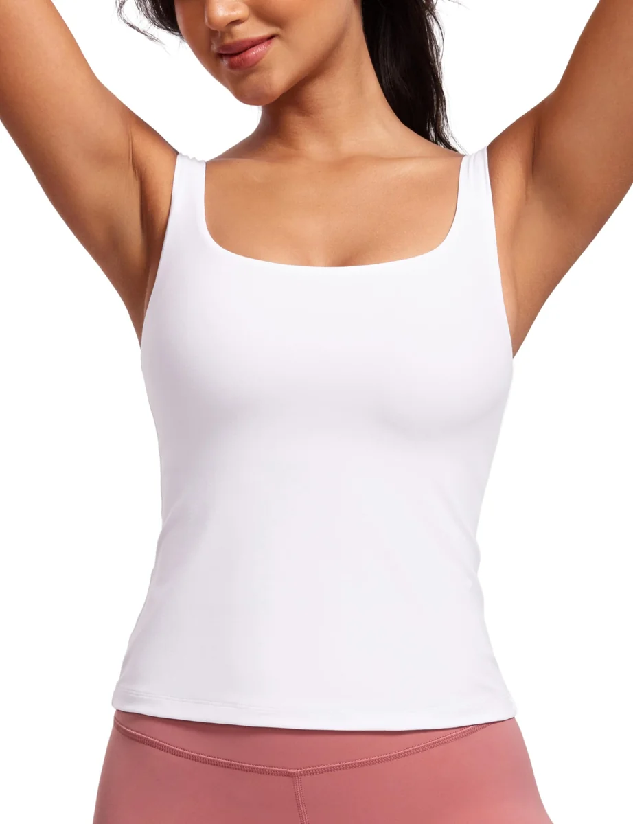 CRZ YOGA Butterluxe Damskie topy z dekoltem w kształcie litery U – usztywniane, sportowe topy treningowe z wbudowanym biustonoszem Biały M