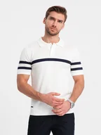 Swetry męskie - Koszulka męska polo z miękkiej dzianiny z kontrastowymi pasami - biała V1 OM-POSS-0118 - Ombre Clothing - miniaturka - grafika 1
