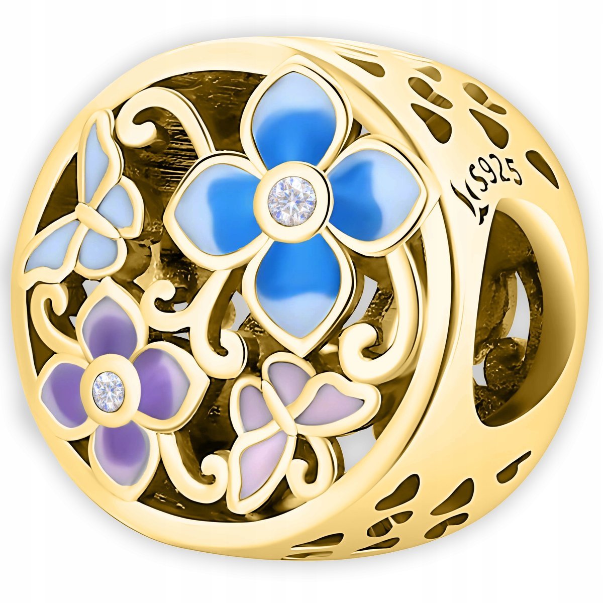 Złoty Charms Łąka Motyle Kwiatki Kolorowe Kwiaty Motylki SREBRO 925