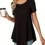 Bluzki damskie - TEMU Koszulka Damska Casual z Krótkim Rękawem - Jednokolorowa, Okrągły Dekolt, Elastyczna , Lekka i Oddychająca na Wiosnę/Jesień, Uniwersalny Styl, - miniaturka - grafika 1