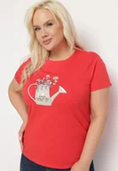 Koszulki i topy damskie - Czerwony Bawełniany T-shirt z Ozdobnym Nadrukiem Littana - miniaturka - grafika 1