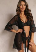 Szlafroki damskie - Czarny Prześwitujący Szlafrok ze Stringami Placitra - miniaturka - grafika 1
