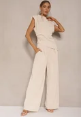 Komplety damskie - Jasnobeżowy Komplet Bluzka z Poduszkami w Ramionach i Proste Spodnie z Gumką w Pasie Divanes - miniaturka - grafika 1