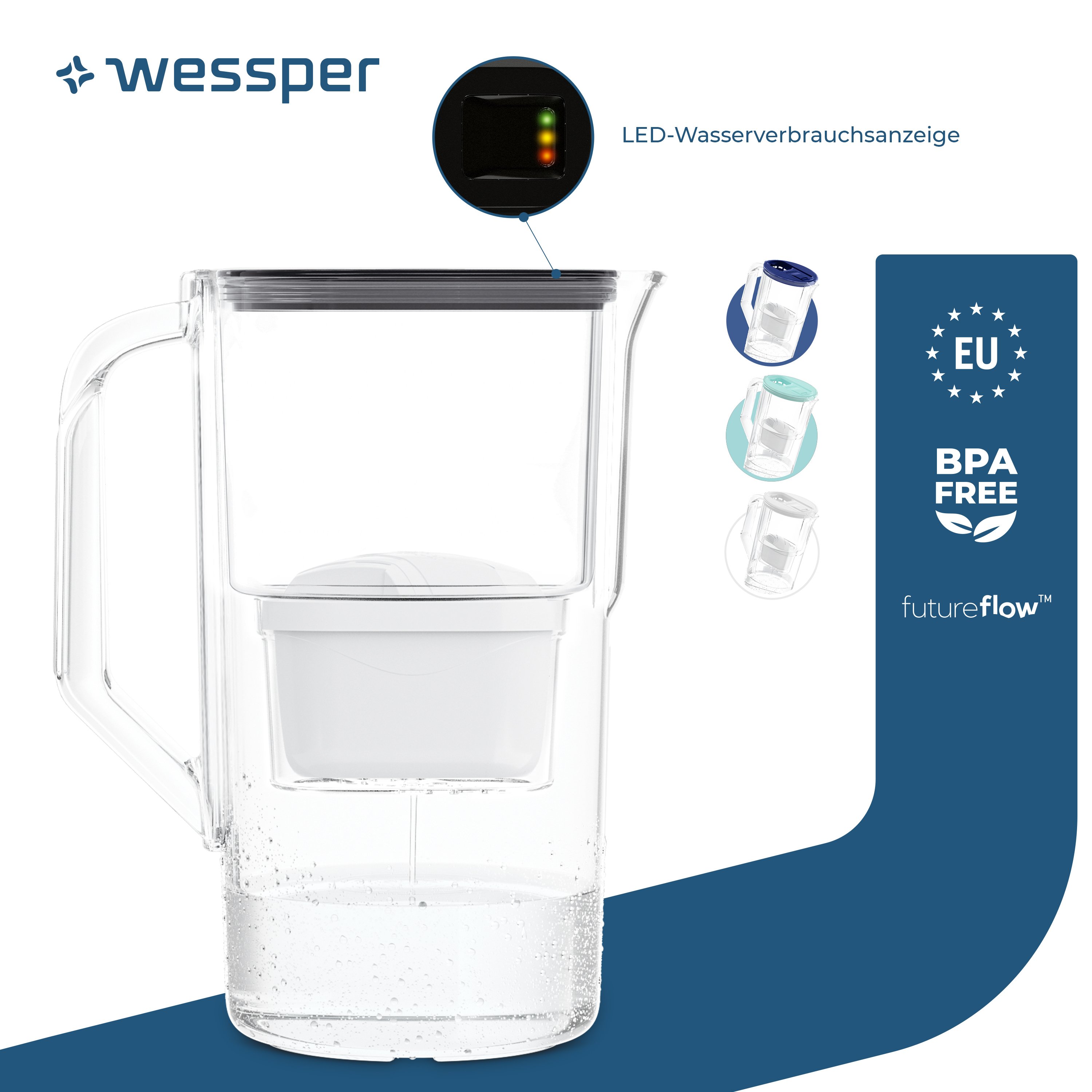 Dzbanek filtrujący Wessper 2,8 l z licznikiem LED Kompatybilny z Brita Maxtra Zestaw 1 dzbanek filtrujący + wkład filtrujący - Czarny