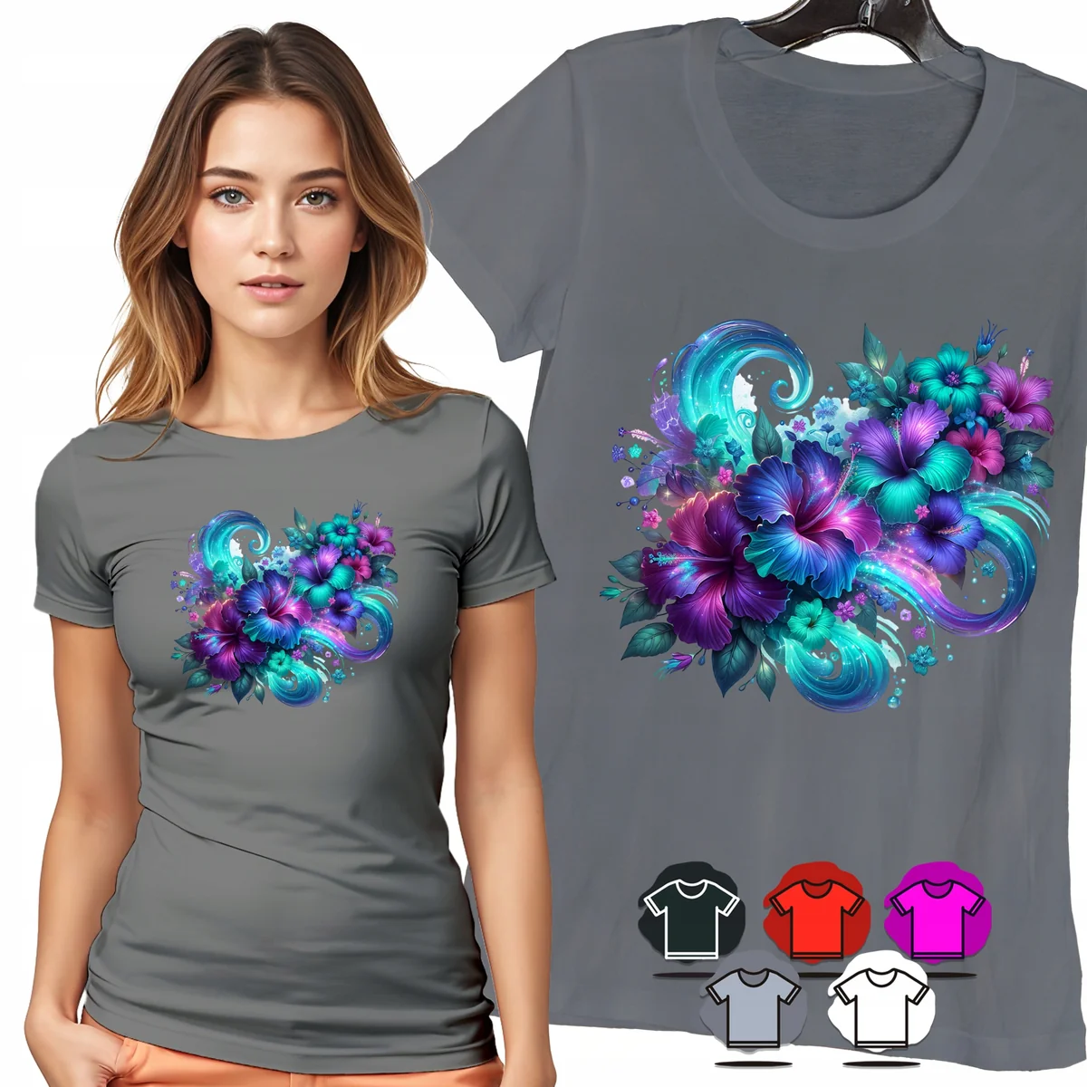 KOSZULKA DAMSKA T-SHIRT - KWIATY TURKUS FIOLETOWE FALE WZÓR DAMSKI - M