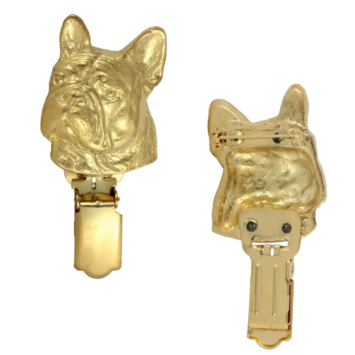 Buldog francuski - broszka z klipsem, pozłacany uchwyt na numer startowy, elegancka przypinka na wystawę psów marki Art-Dog