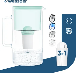 Dzbanek filtrujący wodę Wessper wykonany ze szkła 3 L Mint Kompatybilny z wkładami filtrującymi Brita Classic Zawiera 4 wkłady filtrujące wodę - Dzbanki i imbryki - miniaturka - grafika 1