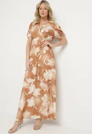 Sukienki - Jasnobrązowa Sukienka z Kopertowym Wzorem i Falbanką w Kwiaty Tdivena - miniaturka - grafika 1