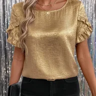 Koszule damskie - TEMU Klasyczna damska koszulka letnia z krótkim rękawem i złotymi falbankami - miniaturka - grafika 1