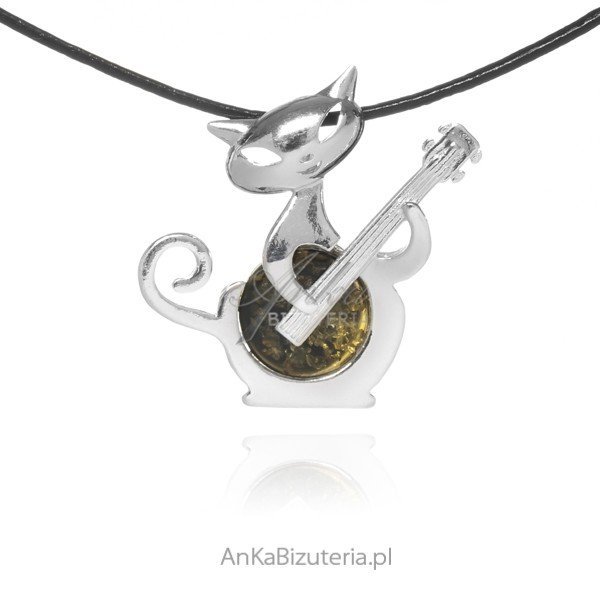 ankabizuteria.pl Srebrna zawieszka z zielonym bursztynem KOT Z GITARĄ