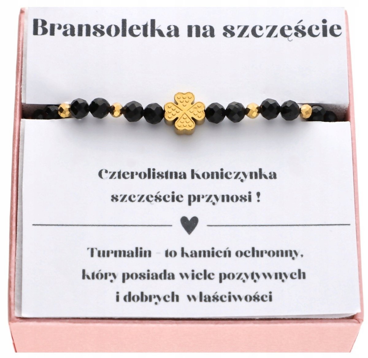 Bransoletka NA SZCZĘŚCIE z czarnym turmalinem i koniczynką na prezent