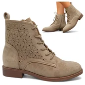 Botki damskie - Damskie Kowbojki na Obcasie Botki Ażurowe Zamszowe Jesienne Beż Barski 40 - S.Barski - miniaturka - grafika 1