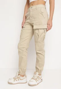 Beżowe Bawełniane Joggery Jeansy z Gumką w Pasie i Kieszeniami z Klapami Nericella - Spodnie damskie - miniaturka - grafika 1