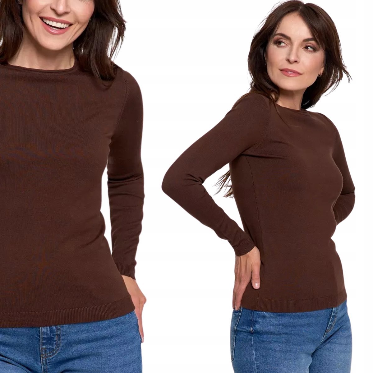 CIENKI GŁADKI I MIĘKKI SWETER DAMSKI Z WISKOZY Z DŁUGIM RĘKAWEM MORAJ 2XL BROWN