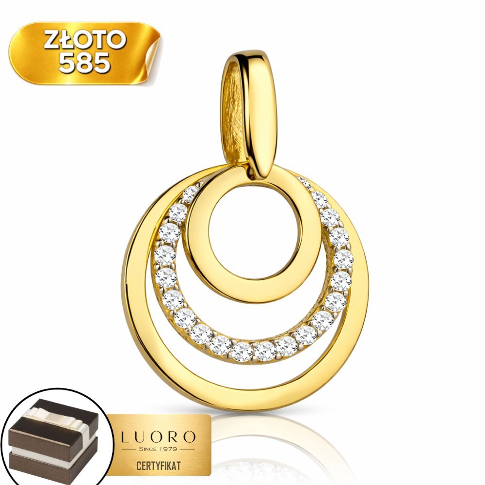 ZAWIESZKA ZŁOTA 585 14K TRZY KÓŁKA Z CYRKONIAMI 2 CM ELEGANCKA PREZENT