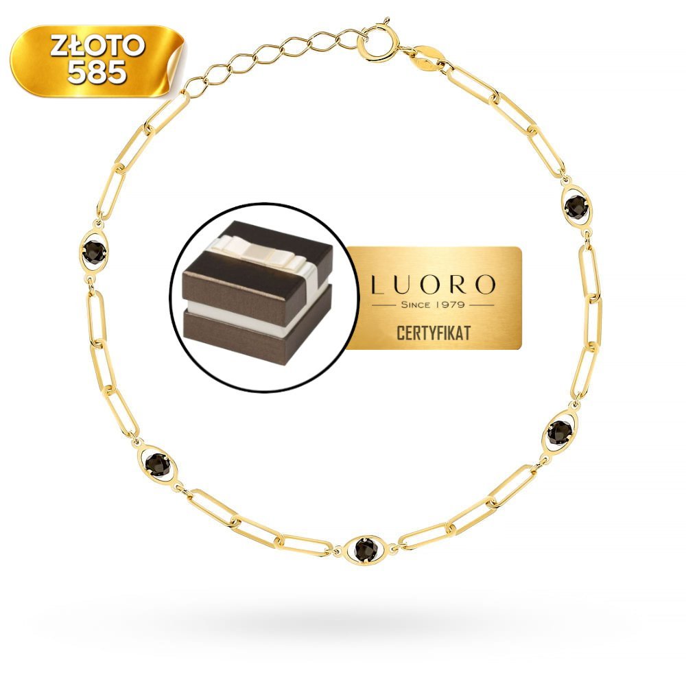 BRANSOLETKA ZŁOTA 585 14K DŁUGIE OWALE CZARNE KAMIENIE REGULOWANA 18,5 CM