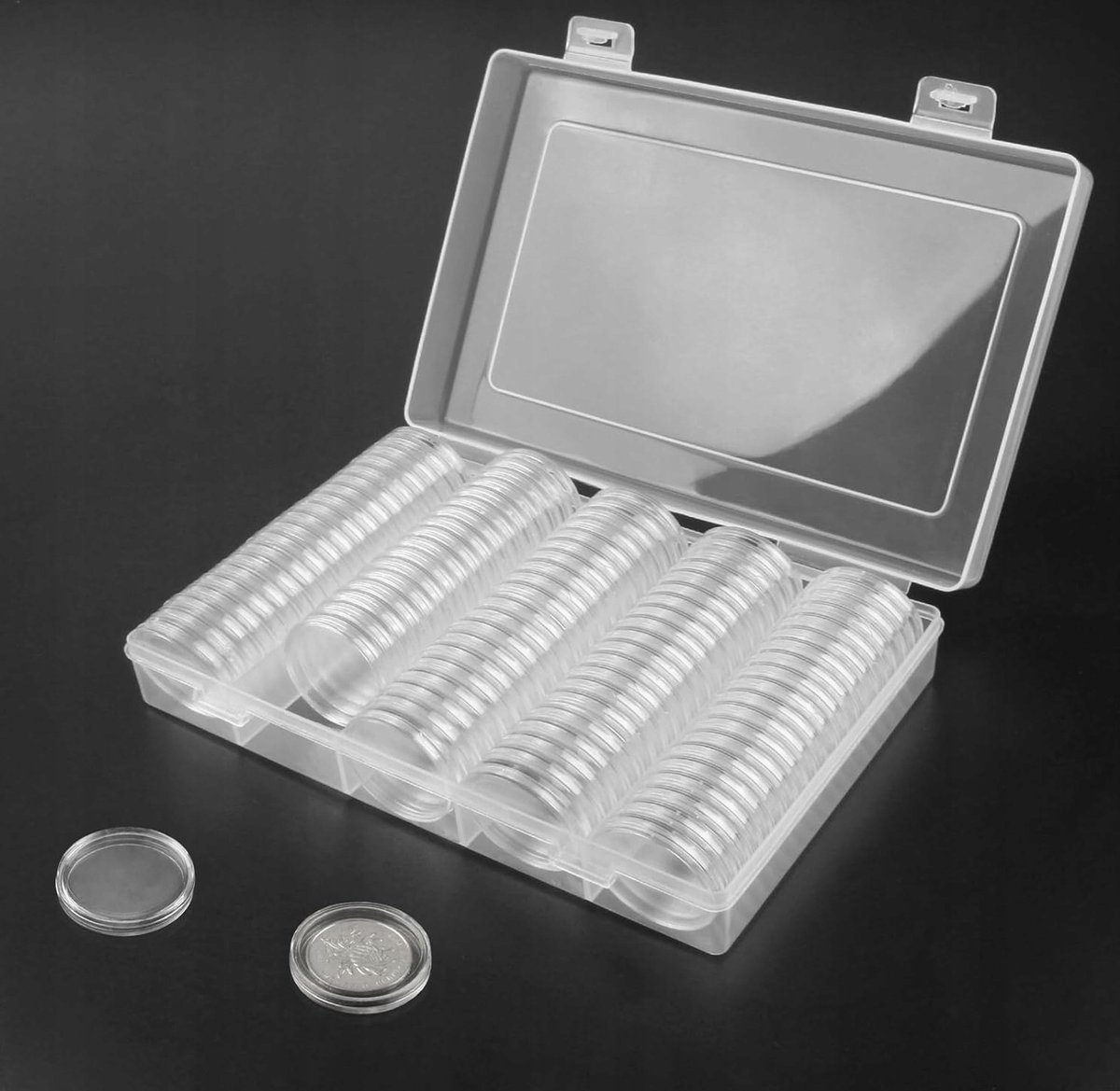 KAPSUŁKI NA MONETY 100 SZTUK 30MM Z PUDEŁKIEM OKRĄGŁE PRZEZROCZYSTE ETUI