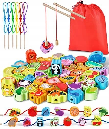 JOJOIN Drewniane Zabawki Montessori 2w1 Gra Magnetyczna 46 Elementów