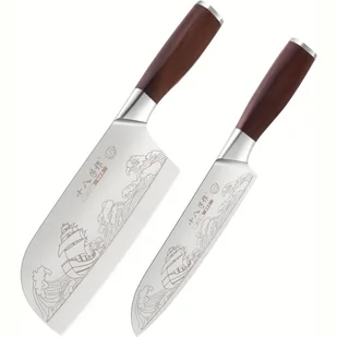 TEMU SHI ZUO Zestaw Noży Ręcznie Kute z Stali Nierdzewnej, 2 sztuki - Szefowskie Noże z Ergonomiczną Drewnianą Rączką, Ręcznie Kuty Nóż do Siekania - Inne - miniaturka - grafika 1