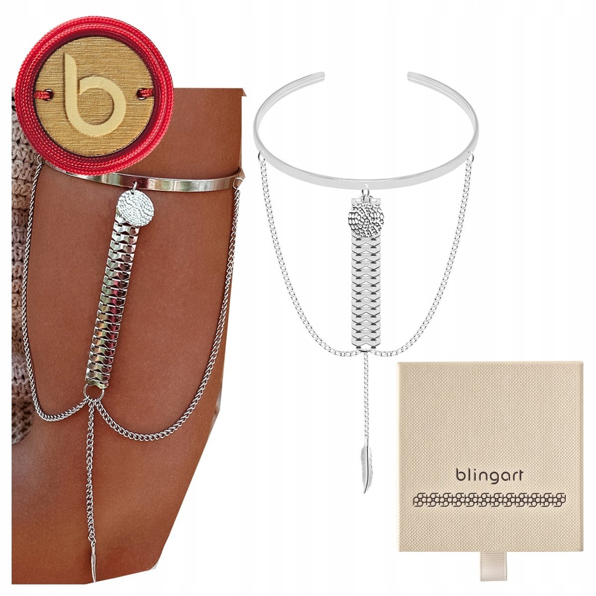 Bransoletka na ramię srebrna z ŁAŃCUSZKAMI I PIÓRKIEM REGULOWANA BLINGART