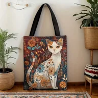 Torby i wózki na zakupy - Torba shopperka tote kolorowa kot tatuaże kwiaty rośliny retro 40x35 cm - miniaturka - grafika 1
