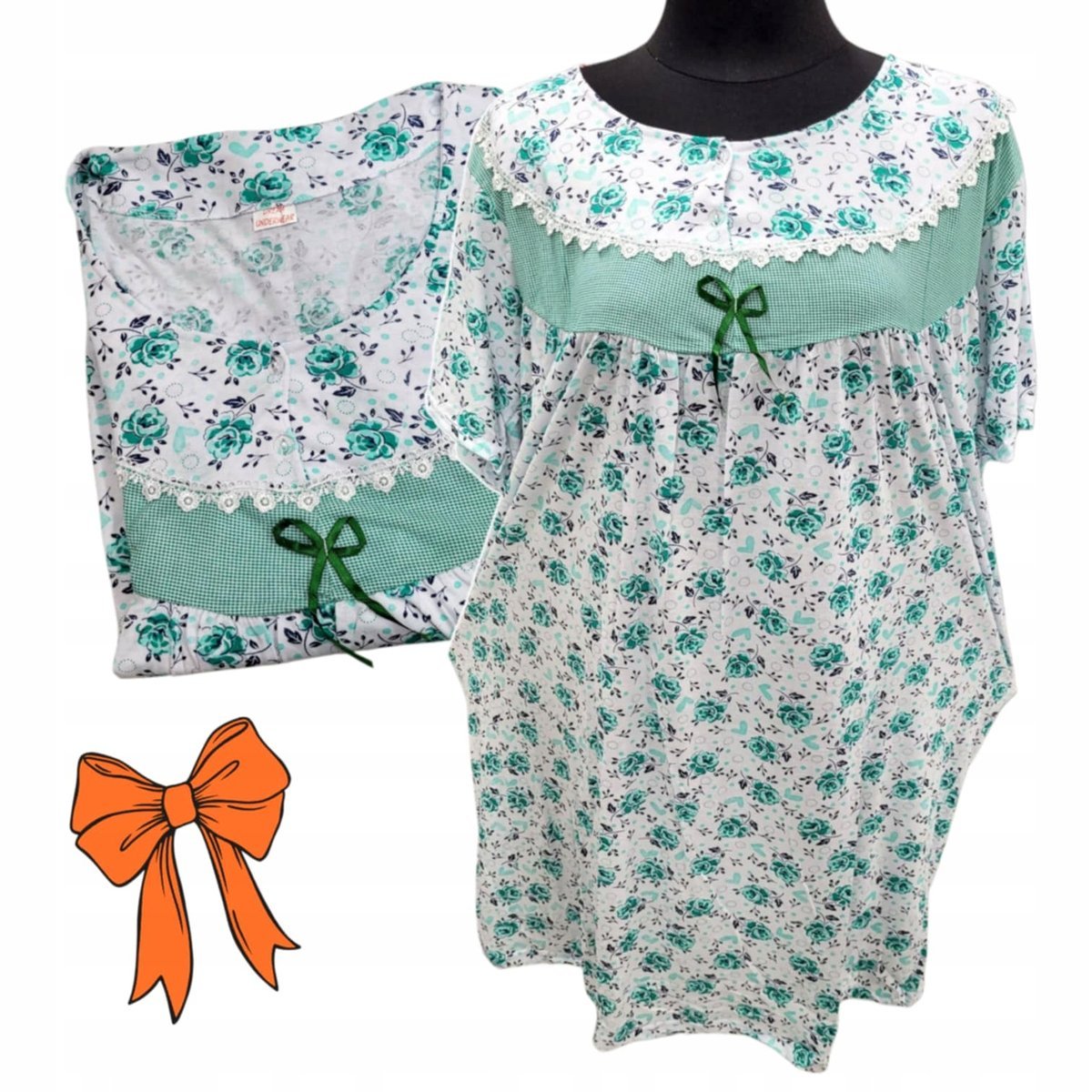 KOSZULA NOCNA BAWEŁNA RÓŻA KWIAT prezent krótki rękaw zielona 58 60 9XL