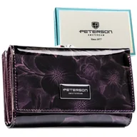 Portfele - Peterson Lakierowany Fioletowy Portfel Damski W Kwiatowy Wzór Portmonetka Na Zatrzask I Bigiel Elegancki Średniej Wielkości Ze Skóry Naturalnej I Ek.. - miniaturka - grafika 1