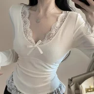Bluzki damskie - TEMU Damska seksowna bluzka z długim rękawem i koronkowym wykończeniem - Biała prążkowana bluzka z kokardką, letnia, codzienna, elegancka bluzka do - miniaturka - grafika 1
