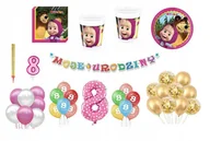 Miseczki i talerzyki dla dzieci - Zestaw Urodzinowy Masza 8 Urodziny Balony Kubki Talerzyki Świeczka Cyfra - miniaturka - grafika 1