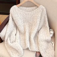 Swetry damskie - TEMU Miękki i kolorowy sweter w stylu koreańskim, luźna bluzka z krótkimi rękawami typu "lampion" - miniaturka - grafika 1