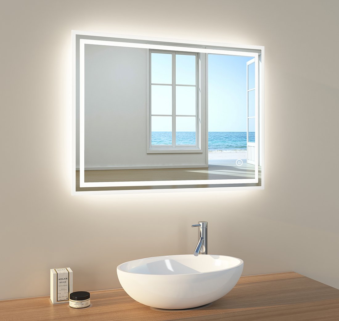 EMKE LED lustro łazienkowe 80x60cm lustro łazienkowe z oświetleniem zimne białe światło lustro łazienkowe lustro ścienne z przełącznikiem dotykowym + przeciwmgielne IP44 energooszczędne