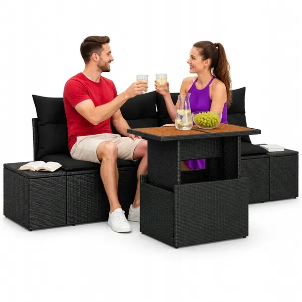 Zestaw Sofa Ogrodowa z Poli Rattanu, Czarny, 5 Elementów