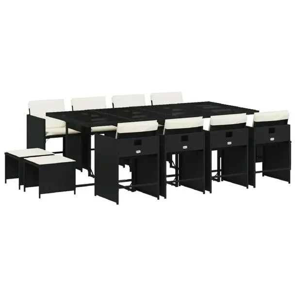 Zestaw Mebli Ogrodowych Rattan PE Czarny 220x106x73 cm + Poduszki Kremowe