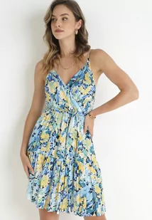 Niebieska Sukienka Mini z Kopertowym Dekoltem i Gumką w Pasie z Wiskozy Rubbisa - Sukienki - miniaturka - grafika 1