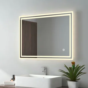 EMKE Lustro łazienkowe LED 80x60cm lustro łazienkowe z oświetleniem 3 barwy światła 3000-6400K zimne białe neutralne ciepłe białe światło lustro łazienkowe z włącznikiem dotykowym + przeciwmgielne IP44 energooszczędne - Lustra - miniaturka - grafika 1
