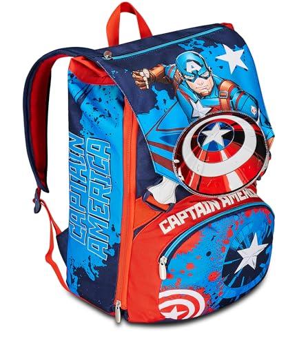 Seven Disney Rozszerzany plecak szkolny - CAPTAIN AMERICA LEGENDARY AVENGER, niebieski czerwony biały - plecak z podwójną komorą, kieszeń na butelkę, plecak dla dzieci - Marvel Merchandising,