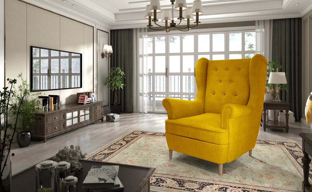 Elegancki fotel Aros 1F - Skandynawski styl, wygodne pikowane oparcie, - żółty