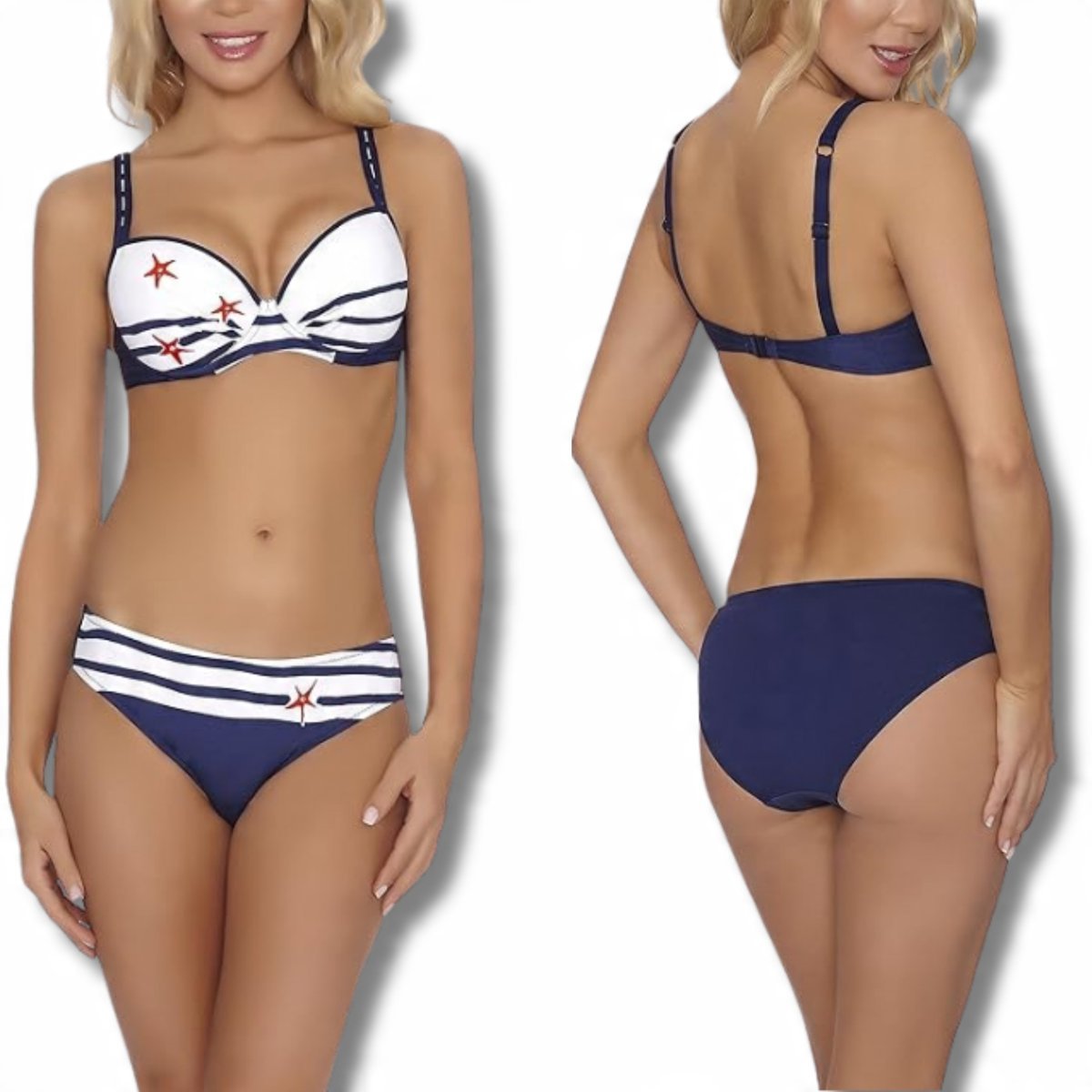Kostium Kąpielowy Dwuczęściowy R. 36/70D Biało Granatowe Bikini Damskie
